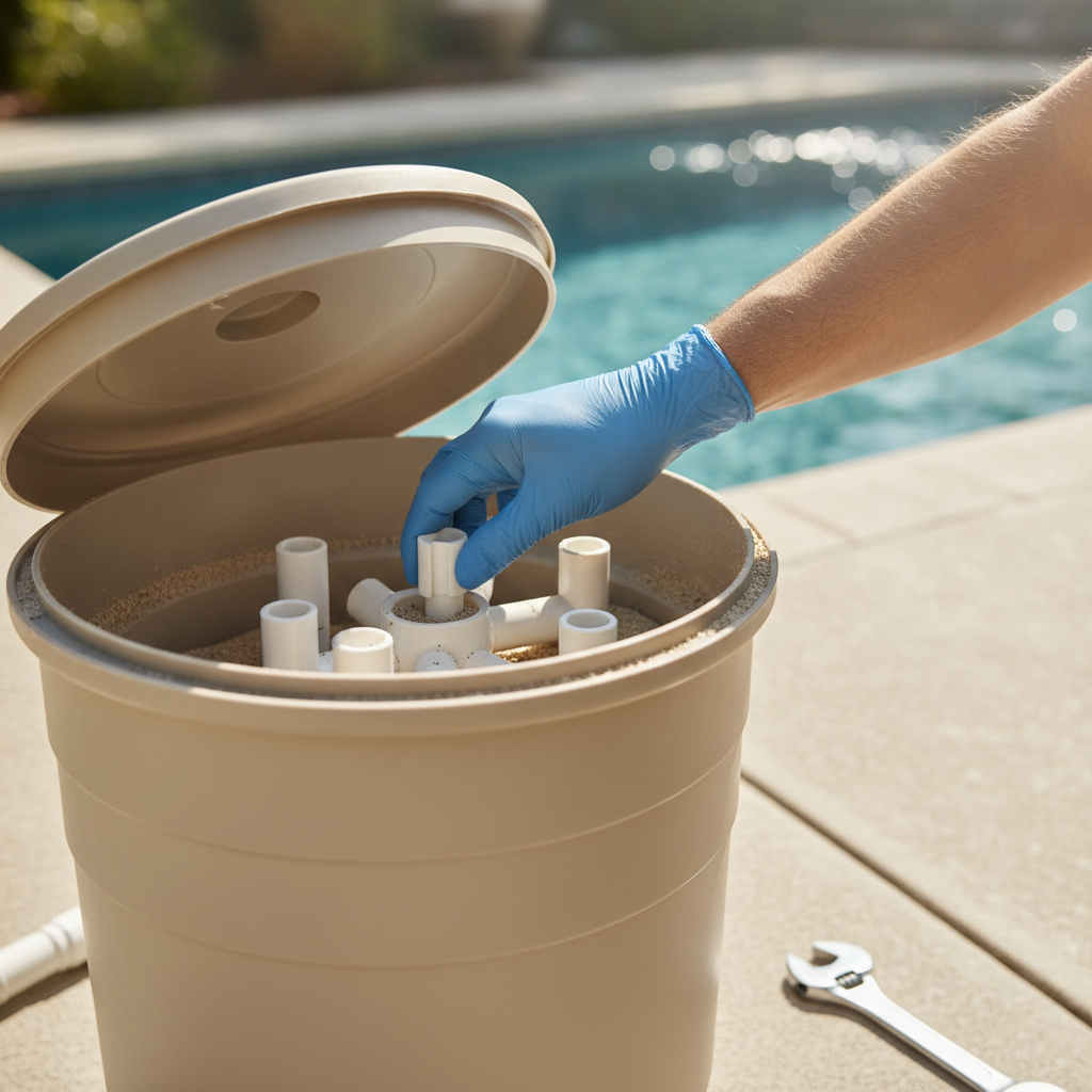 Pool Filter Repair no peoples faces just hand